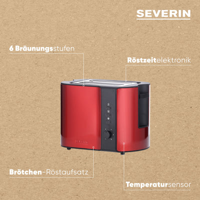 SEVERIN Automatik-Toaster, Toaster mit Brötchenaufsatz, hochwertiger Edelstahl Toaster zum Toasten, Auftauen und Erwärmen, 800 W, Fire Red Metallic / Schwarz, AT 2217