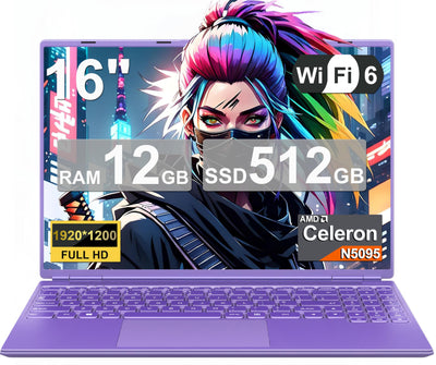 2025 Gaming Laptop 16 Zoll Win11 12+512GB SSD Unterstützung 2TB(HDD-2TB) 1920x1200 Notebook 4-Core Celeron N5095 (bis 2.9GHz) Laptop mit Nummerntastatur WiFi Mini HDMI Deutscher Tastaturschutz-Lila