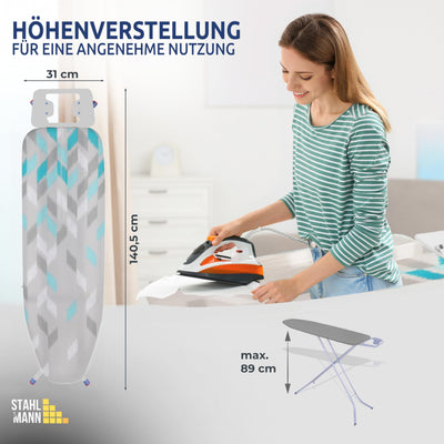 STAHLMANN ® Bügelbrett [114x34 Bügelfäche ] mit rutschfesten Füßen – robuster Bügeltisch – extra stabiles Bügelbrett [Made IN EU] – Tischbügelbrett