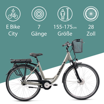 TRETWERK 28 Zoll E-Bike Damen Fahrrad Pedelec - Cloud Pro - Citybike Damenfahrrad mit Fahrradkorb und 7 Gang Nabenschaltung - 250W, 36V grau
