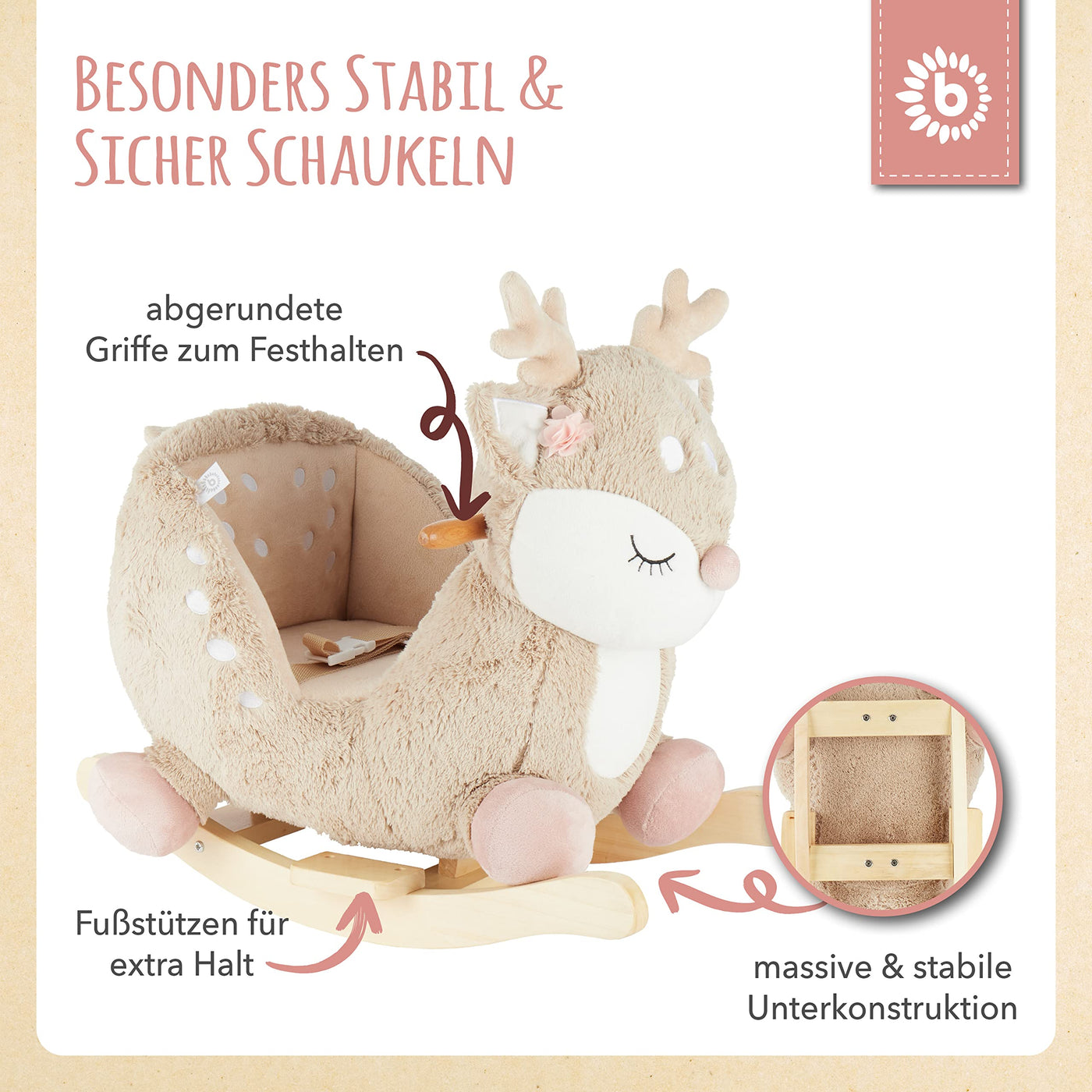 Bieco Plüsch Schaukeltier REH, 60 cm | Kinder Schaukelstuhl mit Sicherheitsgurt | Baby Schaukel | Schaukel Kleinkind | Schaukeltier Baby Schaukelwippe ab 9 Monate | Schaukelpferd Holz