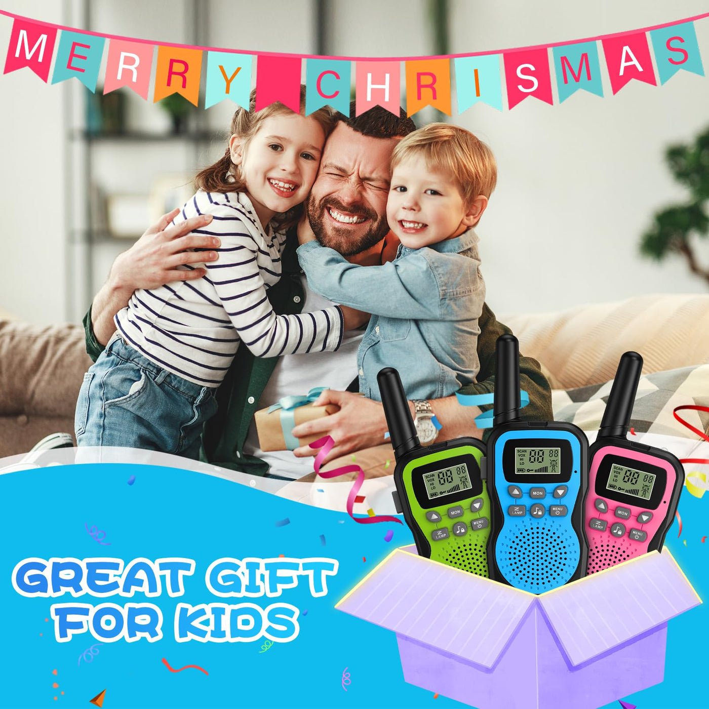 Walkie Talkie Kinder 3er Set, Apkezel Walky Talky mit 1000mAh Aufladbar Akku, Große Reichweite 3km Walki Talki Funkgeräte Set mit VOX Taschenlampe für Freien, Camping, Wandern