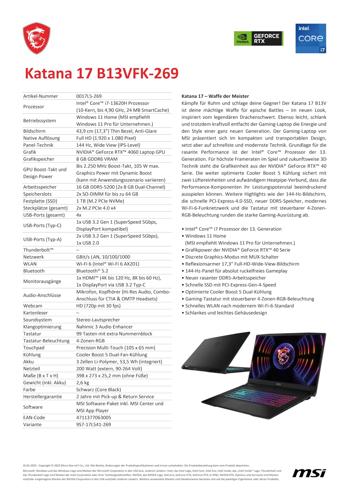 MSI Katana 17 Gaming-Laptop, 17,3” Full HD 144 Hz, Intel Core i7-13620H, NVIDIA GeForce RTX 4060, 16GB RAM, 1TB SSD, Windows 11 Home, inkl. 1 Monat GamePass, QWERTZ Tastatur, Schwarz, B13VFK-269