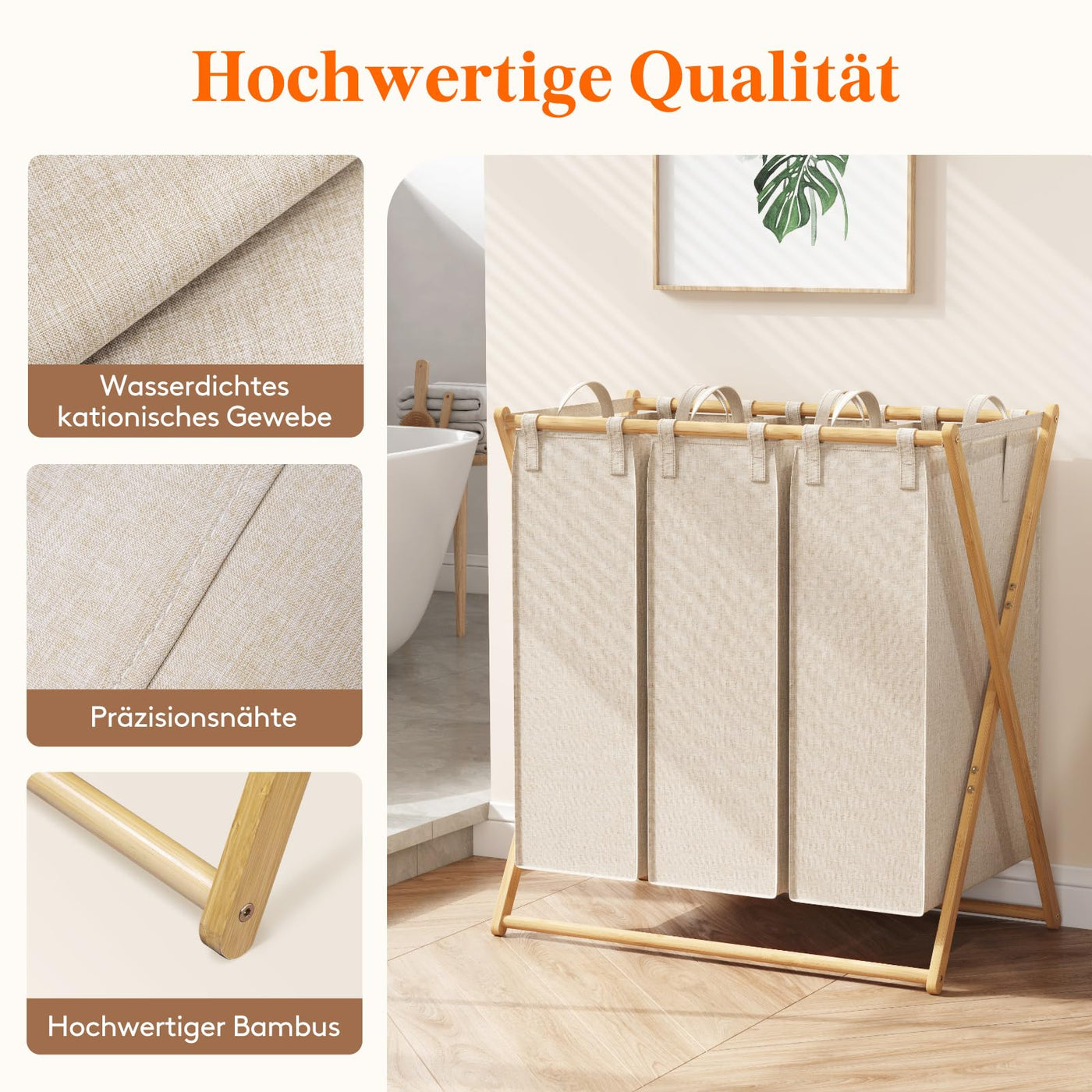 Lifewit 3 Fächer Faltbare 150L Wäschekorb Großer Bambus Frame Wäschesammler Wäschesack Faltbare Schmutzige Kleidung Sorter mit 3 Abnehmbaren Taschen，Wäschesortierer Bambus Beige