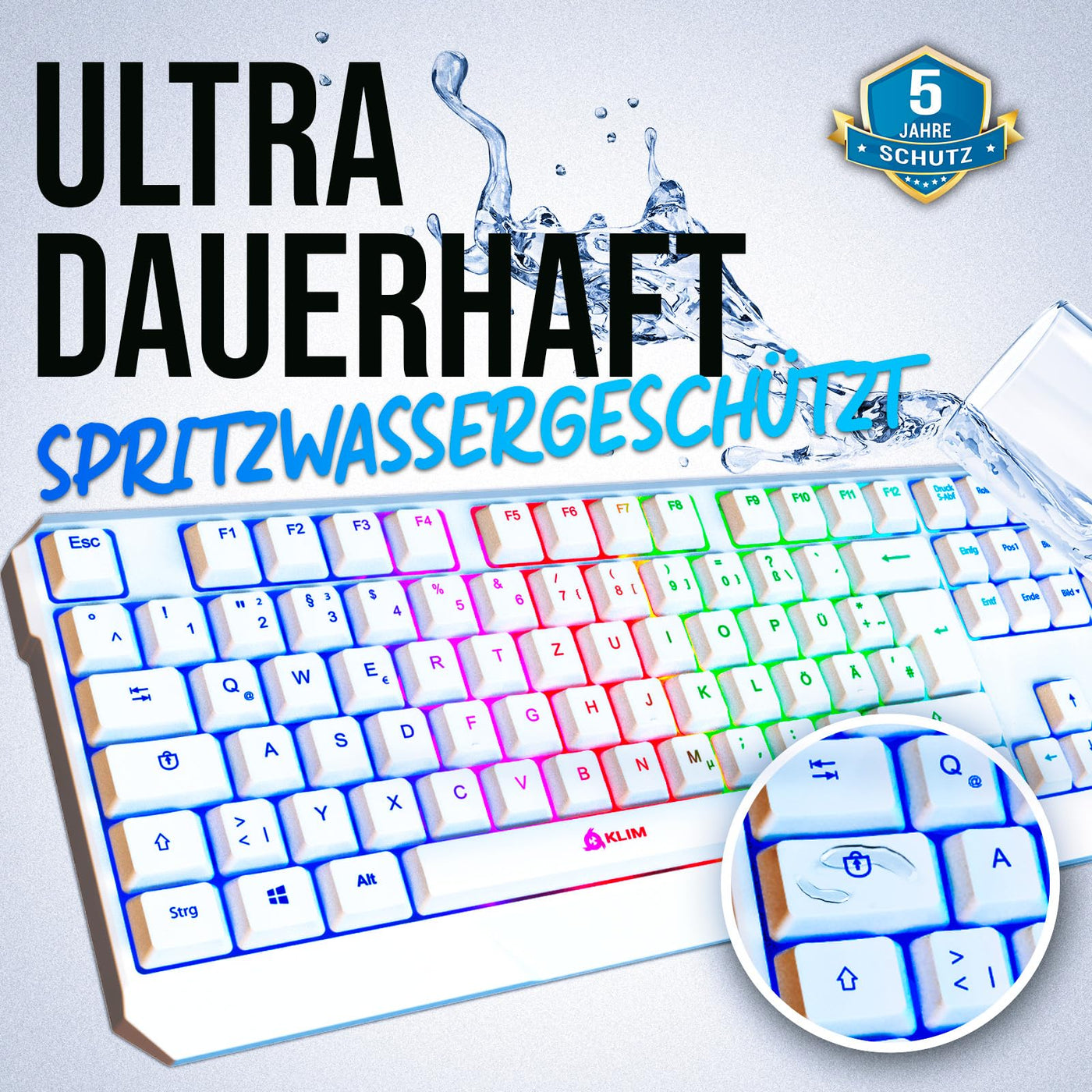 KLIM Chroma Gaming Tastatur QWERTZ DEUTSCH mit Kabel USB + Langlebig, Ergonomisch, Wasserdicht, Leise Tasten + RGB Gamer Tastatur für PC Mac Xbox One X PS4 Tastatur Weiß