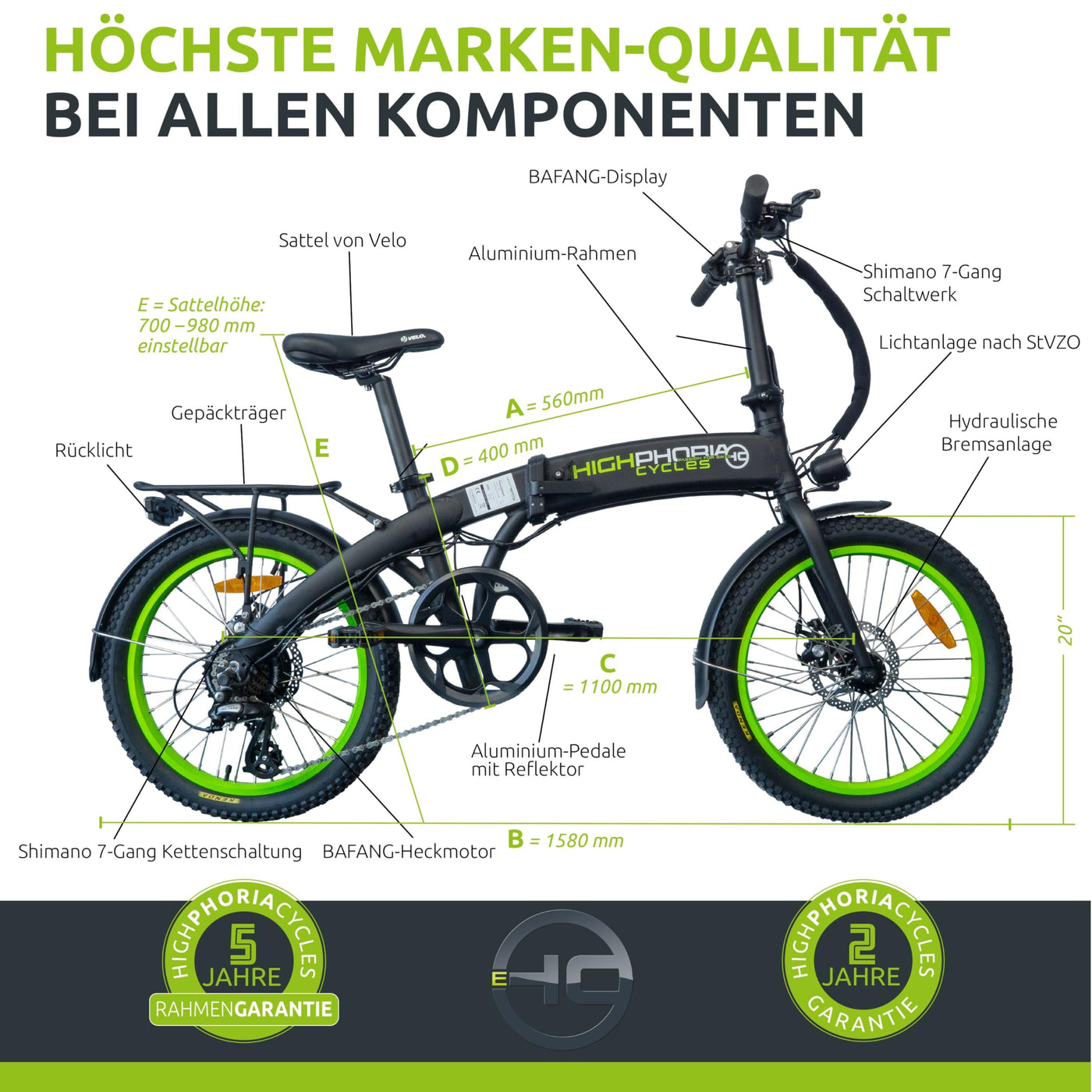 Highphoria E Bike Klapprad Elektrofahrräder 20 Zoll, Klappfahrrad Erwachsene mit 36V 10,5Ah 378Wh Batterie, 250W Motor, 7-Gang Elektrofahrrad 25km/h, 100km Reichweite(Schwarz/Grün)