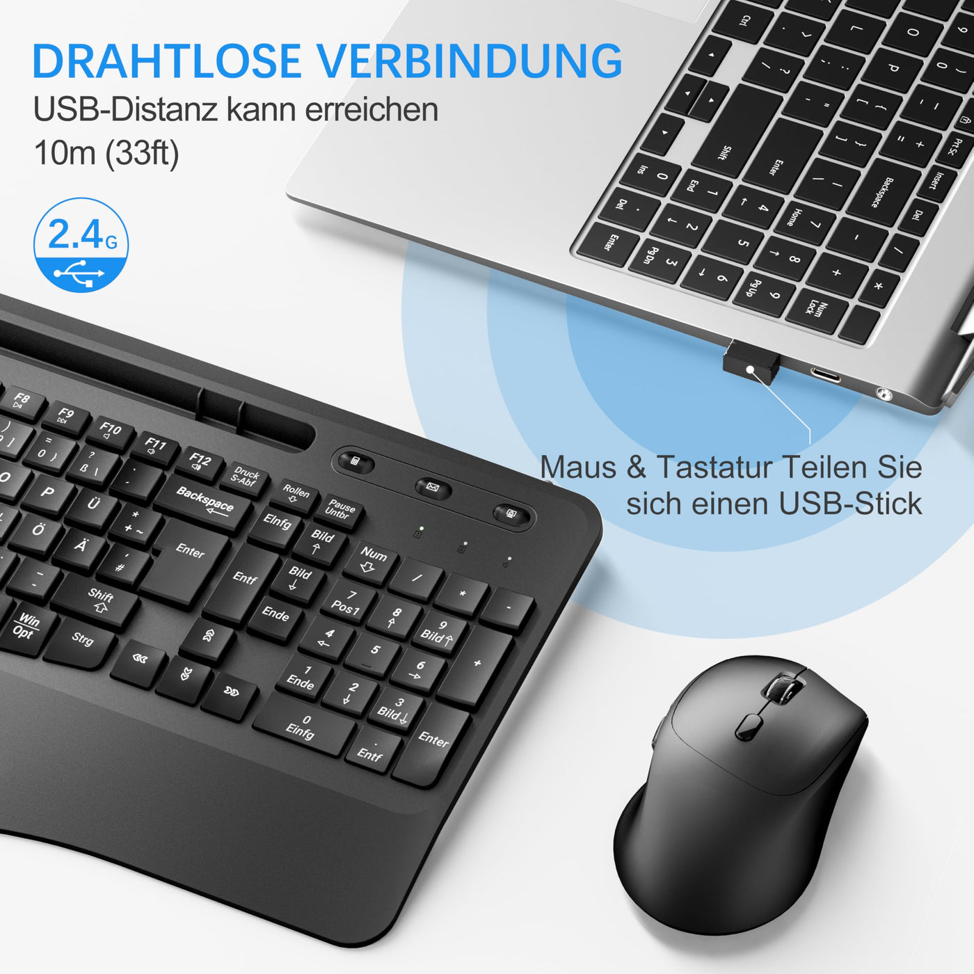 Kabelloses Ergonomisches Tastatur und Maus Set, Moojay 2,4G Wiederaufladbares Quiet Wave Tastatur und Maus Set in Voller Größe mit Handballenauflage und Telefonhalter für Laptop/PC/Mac/Windows–Schwarz