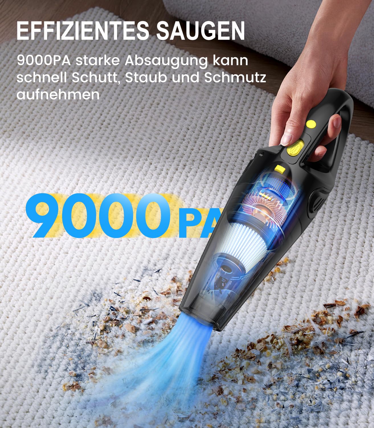 Uythumidid Handstaubsauger Akku Kabellos, Auto Autostaubsauger, HS6 Mini Tragbarer Staubsauger mit 3 Waschbar HEPA Filtern, Starke Absaugung, LED-Lichter für Haus/Büro/Haustier/Auto/Sofa/Teppiche