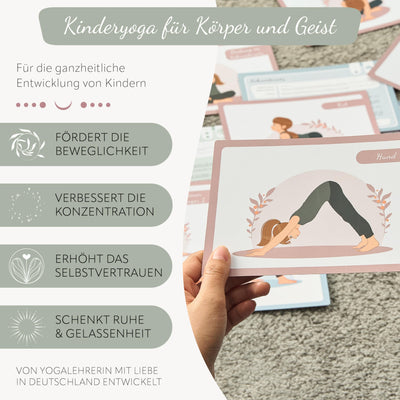 Yomeda Kinderyoga Bildkarten – 50 hochwertige Yoga Karten für Kinder mit Anleitungen – Fördert Konzentration, Bewegung & Achtsamkeit – Ideal für Zuhause, Schule & Therapie [Pädagogisch Wertvoll]