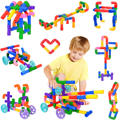 SIENIANLINE Pipe Tube Toys, 96 Stück Klassische Bausteine Zusammenbau von Spielzeug mit Rädern - Geschenk für kreative Lernerziehung Steckspiel für Jungen und Mädchen