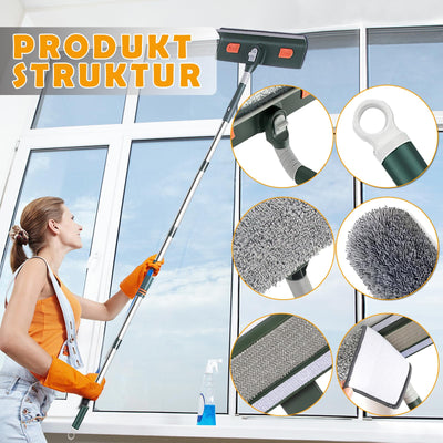 Dubest Fensterwischer mit teleskopstiel,Profi Fensterputzer Set mit 3 Mikrofaserpads und Staubwedel,180 Rotationskopf Fensterabzieher Glasreinigungswerkzeuge für Hohe Fenster im Outdoor und Zuhause