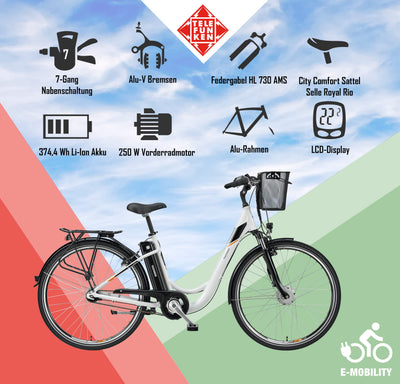 TELEFUNKEN E-Bike Damen 28 Zoll Elektrofahrrad - 7-Gang Shimano Nabenschaltung mit Rücktritt, Pedelec Citybike Alu mit Fahrradkorb, Frontmotor 250W /10,4Ah / 36V Sitzrohrakku, RC840 Multitalent