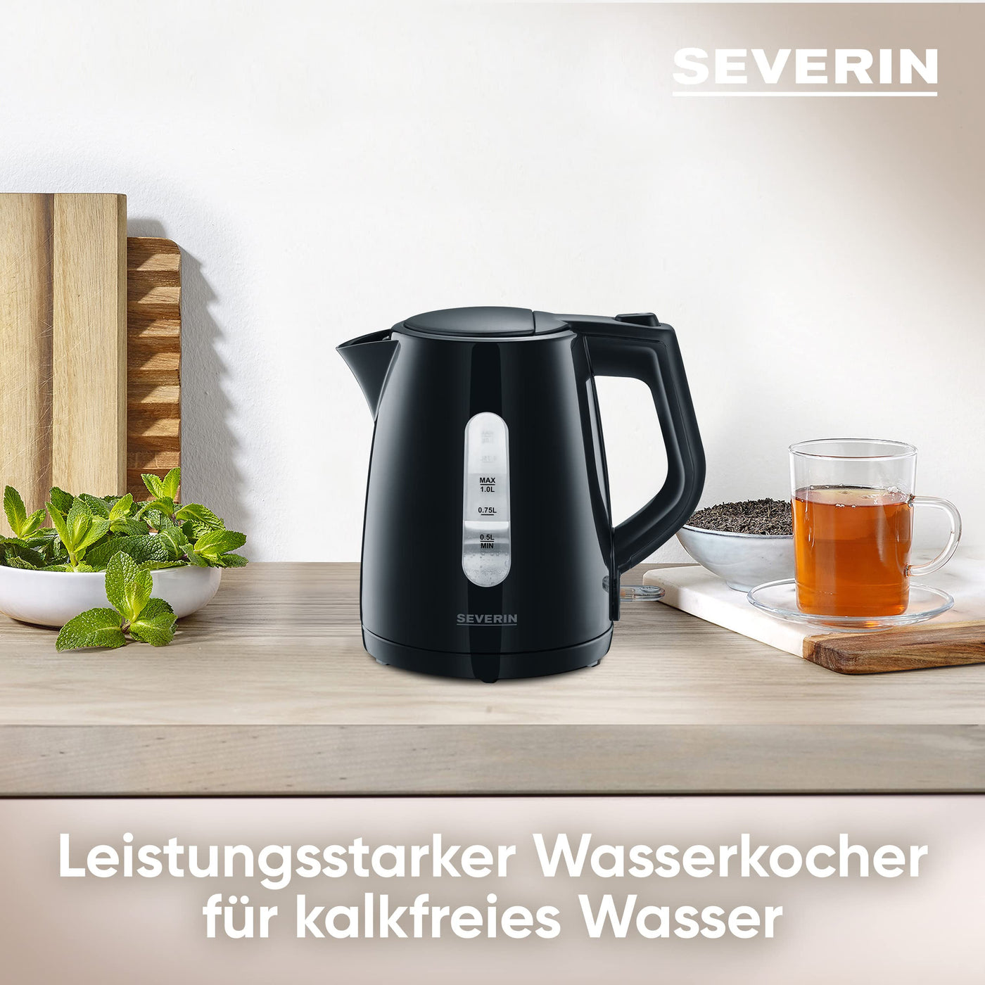 SEVERIN Wasserkocher 1,0 L, leistungsstarker und kompakter Wasserkocher in hochwertigem Design, elektrischer Wasserkocher mit Kalkfilter, schwarz, WK 3410