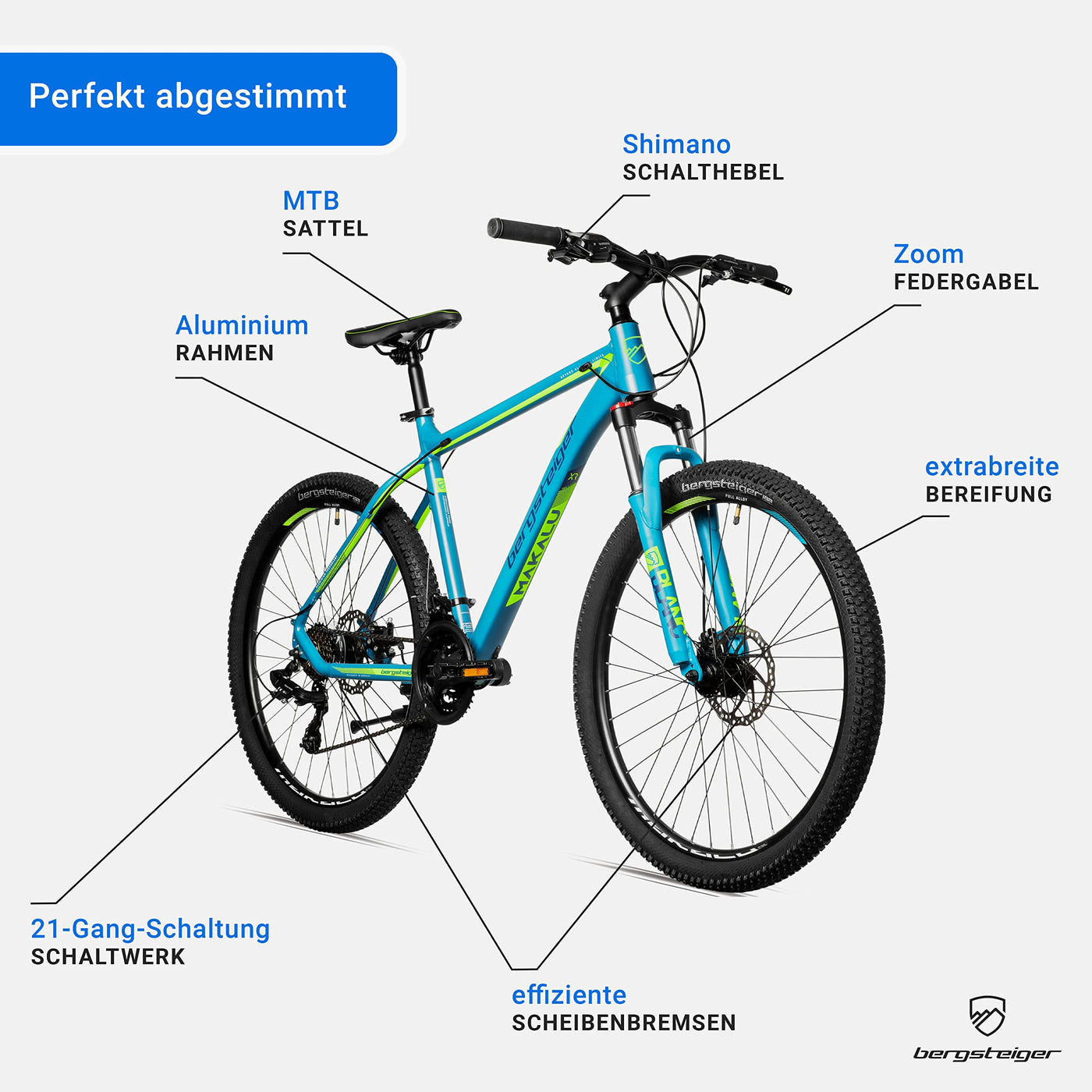 Bergsteiger Makalu 26, 29 Zoll Mountainbike Aluminium, geeignet ab 150 cm, Scheibenbremse, 21 Gang-Schaltung, Hardtail, Jungen-Fahrrad & Herren-Fahrrad