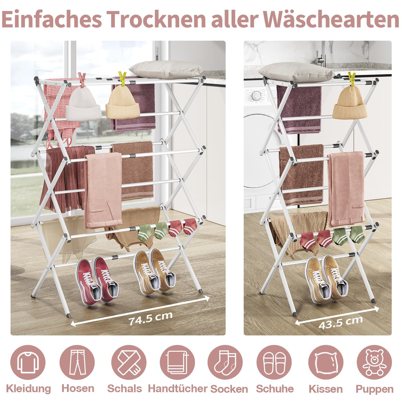 SYKIARIOL Wäscheständer Klappbar Platzsparend, Standtrockner mit 3 Ebenen und 11 Stangen, Kleiner Turmwäscheständer, Faltbarer und ausziehbarer Wäscheturm für Wäscheküche, Weiß