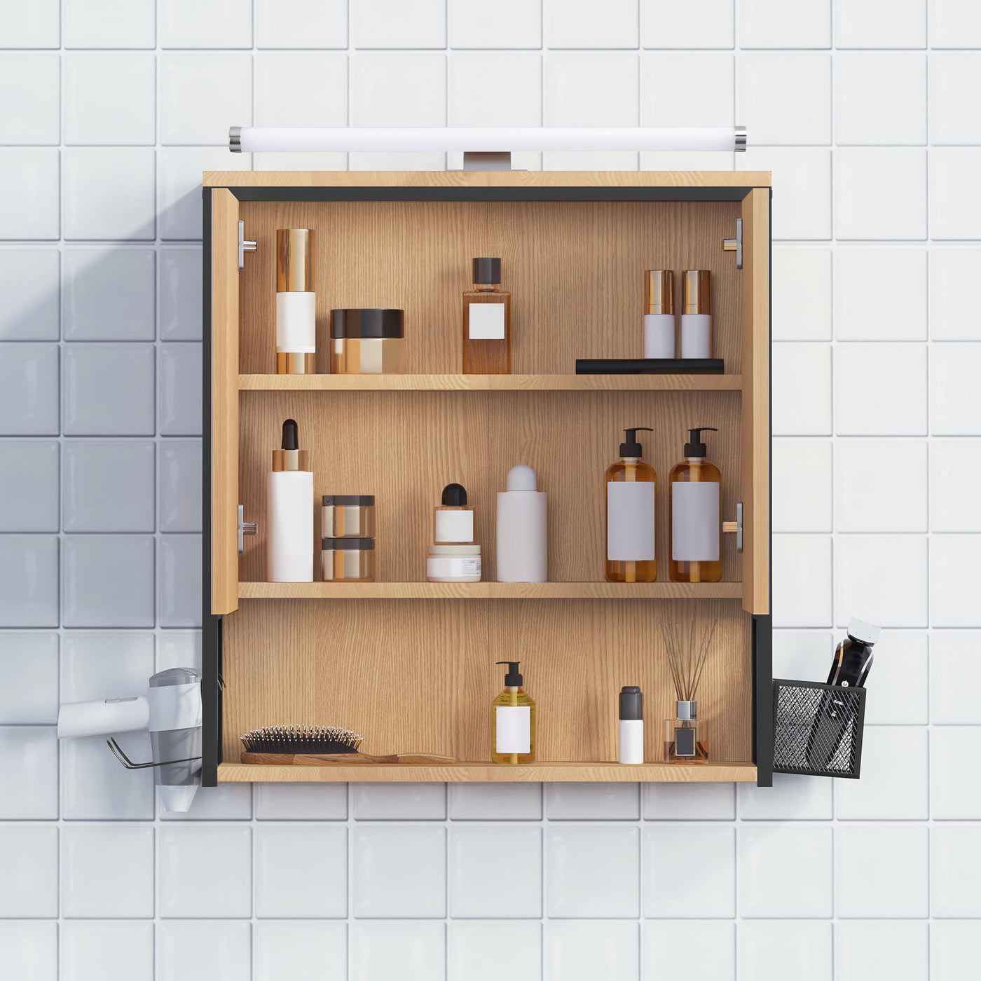 EUGAD Spiegelschrank Bad mit Beleuchtung, Badezimmerschrank mit Spiegel, Badschrank hängend, mit Verstellbarer Ablage Halter Korb, aus Metall MDF, schwarz + helle Eiche