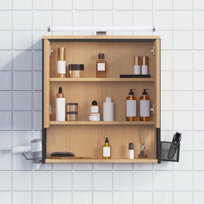 EUGAD Spiegelschrank Bad mit Beleuchtung, Badezimmerschrank mit Spiegel, Badschrank hängend, mit Verstellbarer Ablage Halter Korb, aus Metall MDF, schwarz + helle Eiche