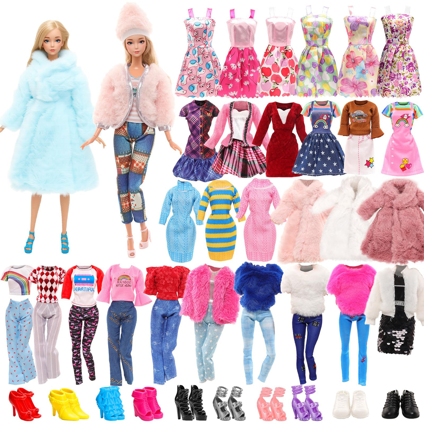 Miunana 28 Kleidung für 30 cm Puppen Puppenkleidung, 1 Mantel 1 Plüschoberteil Outfit 1 Pullover 1 Plüschjacke Set 3 Fashion Kleider 3 Tops 3 Hosen 5 Minikleider 10 Schuhe für 11,5 Zoll Puppen