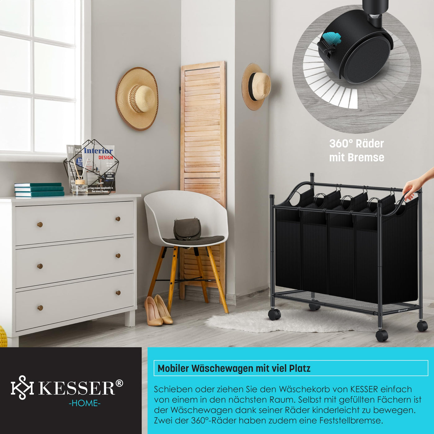 KESSER® Wäschekorb Wäschesammler Wäschesortierer mit 4 abnehmbaren Stofftaschen | 4 Fächer x 35 Liter | Wäschebox mit 12 Waschhinweisen 360° Rollen mit Bremse Wäsche-Sortiersystem Wäschewagen Schwarz