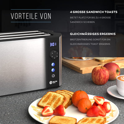 Balter Toaster 4 Scheiben, Langschlitz, Edelstahl, Brötchenaufsatz, LCD Display mit Restzeitanzeige, Auftaufunktion, Brotzentrierung, Krümelschublade, TS-04-LCD, Farbe: Silber