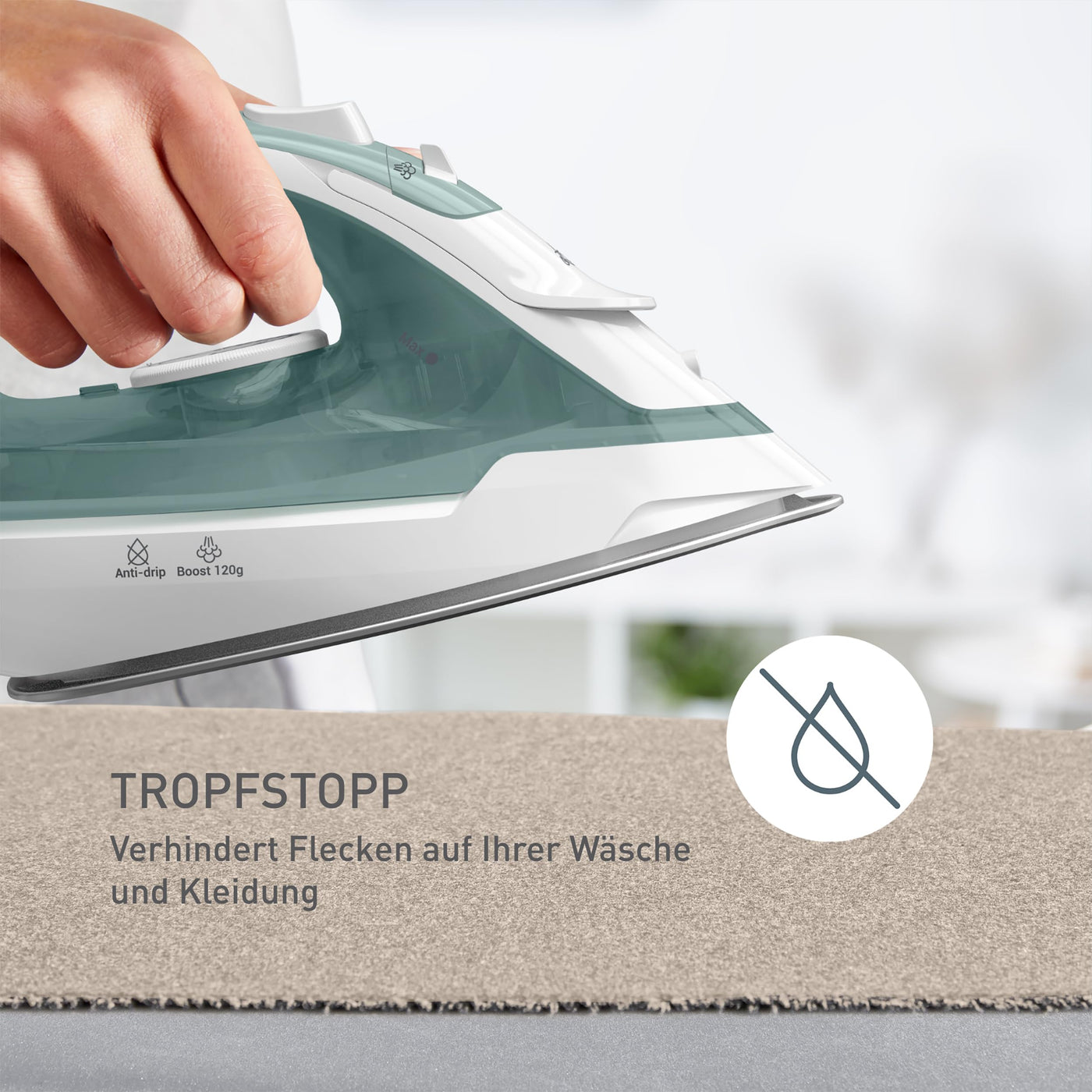 Tefal Virtuo 30 Dampfbügeleisen, 2000 W, 27 g/Min. Dampfabgabe, 120 g/Min. Dampfstoß, 30 Sek. Aufheizzeit, Vertikaldampf, Tropfstopp, Präzisionsbügelspitze, Eukalyptus, FV2C42E0