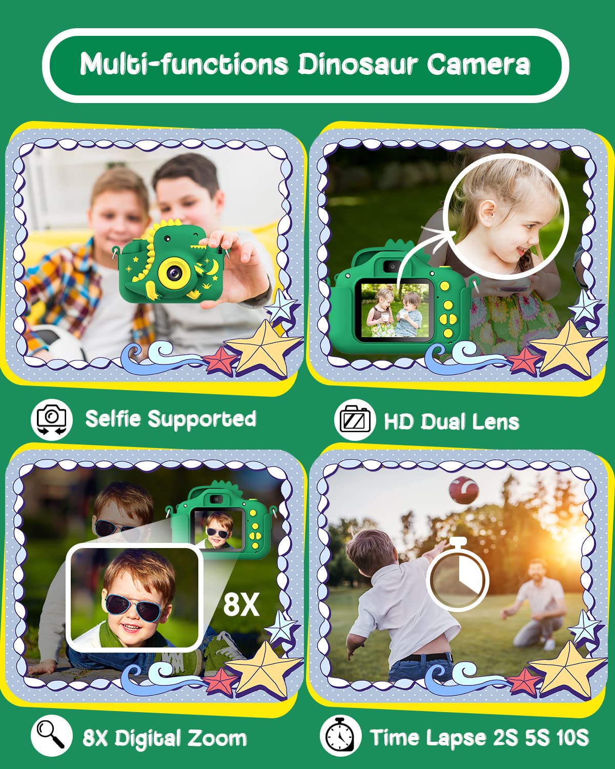 GREENKINDER Kinderkamera,2.0”-Bildschirm Kinder Kamera mit 32GB Karte, 20MP & 1080P HD Selfie Digitalkamera Kinder, Dinosaurier Geschenke für 3-12 Jahre Jungen und Mädchen