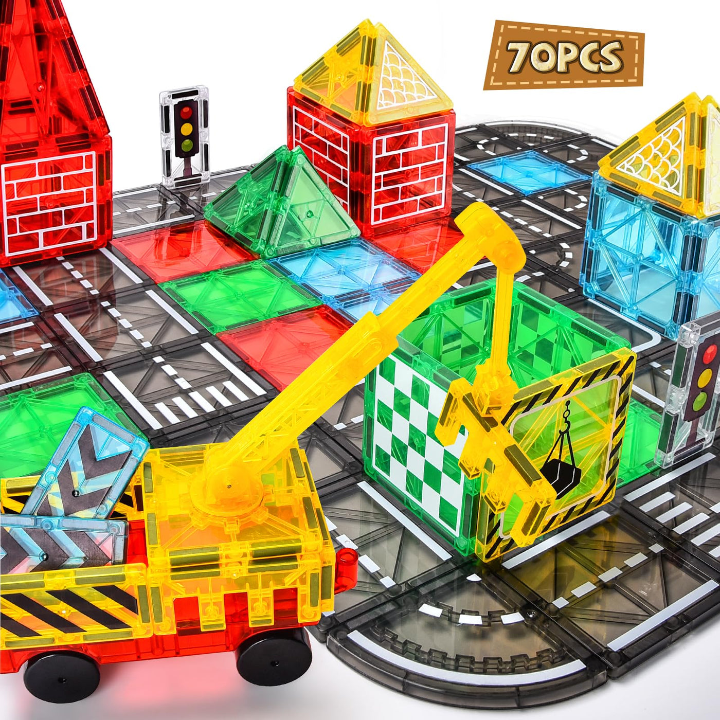 BuzzoXerex Magnetische Bausteine Stadtstraßen Set, 70 Magnetische Fliesen Straßenset, Magnetbausteine Set mit Ausfahrbarem Magnetkran, Magnet Spielzeug für Kinder ab 3 4 5 6 Jahre