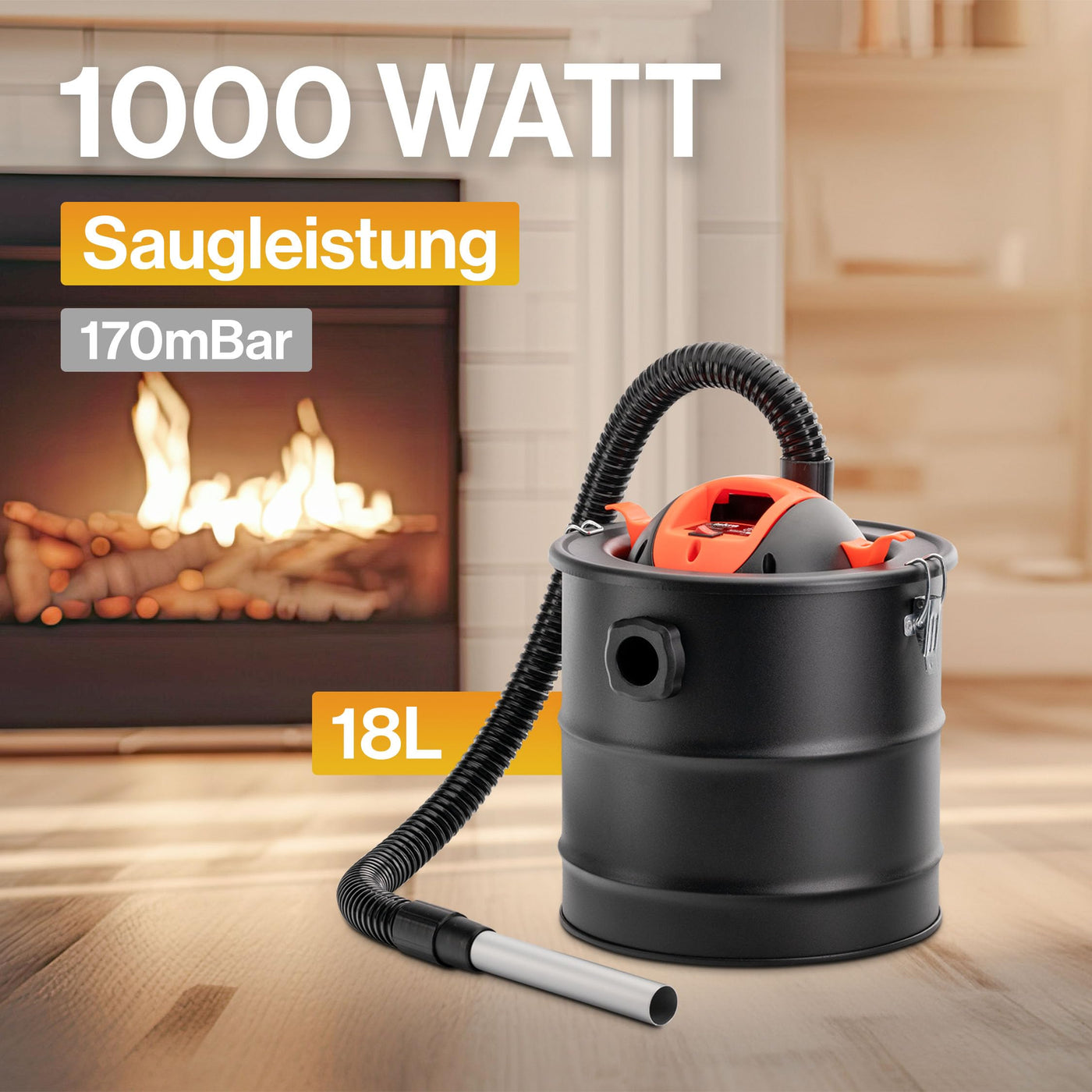 Iskra Aschesauger für Kamin, Ofen etc. 1000W Kaminsauger 18L, Blasfunktion, Aschesauger Pelletofen