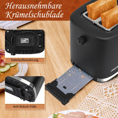 Aigostar Energy - Toaster 2 Scheiben mit Brötchenaufsatz, extra breite Toastschlitze & Brotzentrierung, 6 Bräunungsstufen, Abbruch-, Auftau- & Aufwärmfunktionen, Krümelschublade, 800W, Schwarz