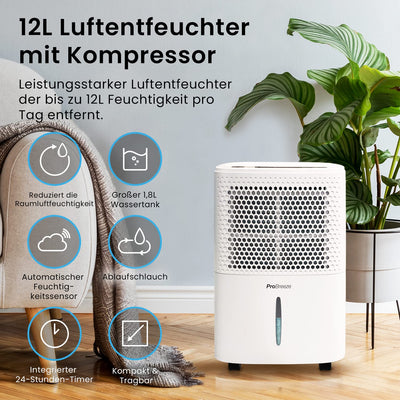 Pro Breeze Luftentfeuchter 12L in 24h Entfeuchtungsleistung - Raumgröße ca. 120m³ (~20 m²) - mit 3 Betriebsarten, Digitalanzeige, Ablaufschlauch, Timer - Gegen Feuchtigkeit, Schimmel Weiß