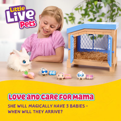 Little Live Pets Mama Surprise Häschen, Mama Häschen zum Füttern & Pflegen – bekommt 3 Babys, Interaktives Spielset mit Mama Häschen & Stall, 20+ Geräusche & Reaktionen, Accessoires zum Stylen