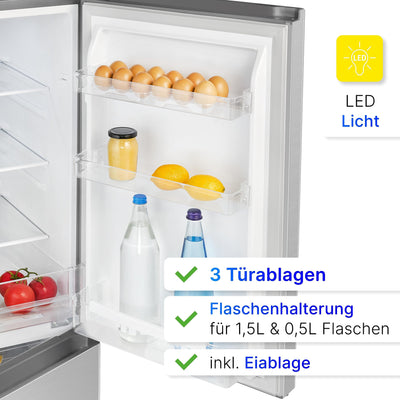 Bomann® Kühlschrank mit Gefrierfach 143cm hoch | Kühl Gefrierkombination 175L mit 3 Ablagen & 3 Schubladen | Türanschlag wechselbar | leise Kühlgefrierkombi 39db | Kühlschrank KG 322.1 inox-look