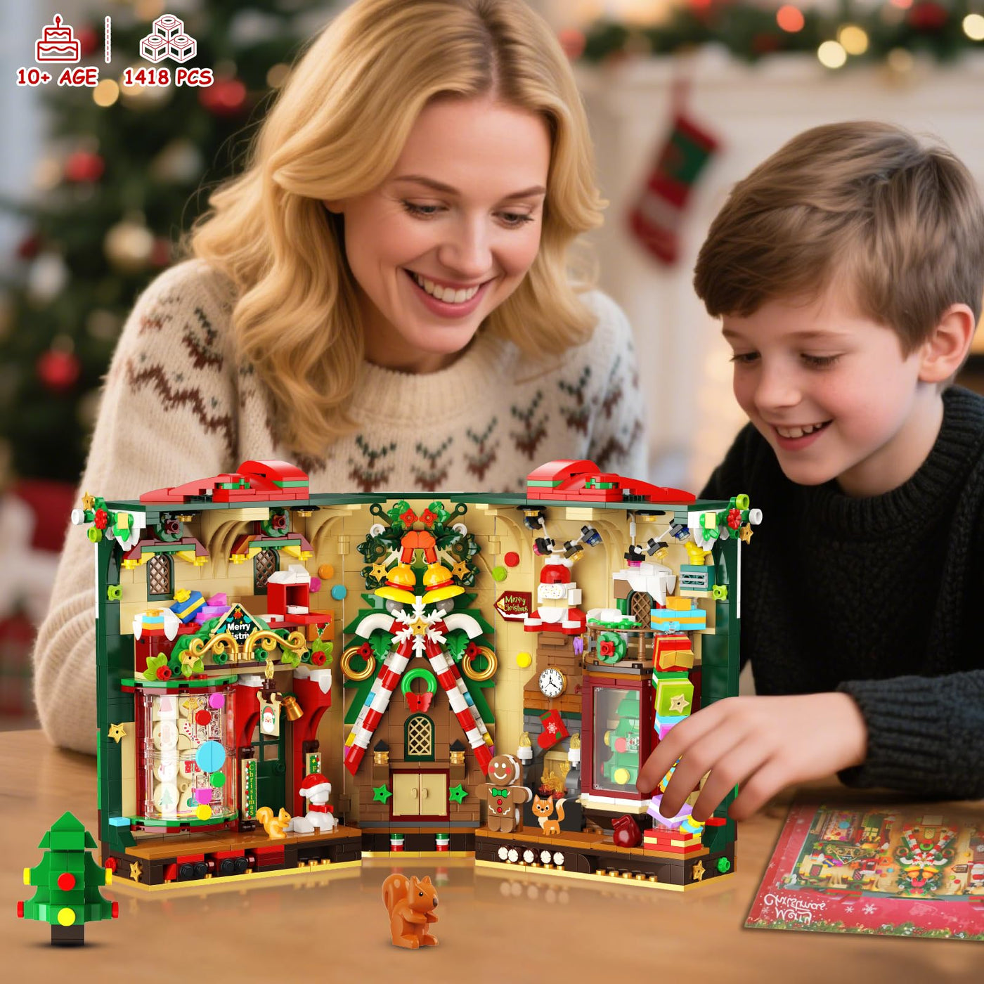 INSOON Weihnachten Book Nook Bauspielzeugset mit Licht, Weihnachts Bausteine Set mit Lebkuchenhaus Weihnachtsbaum, Weihnachts Baustein Geschenk Klemmbausteine für Erwachsene Kinder Mädchen Jungen 10+
