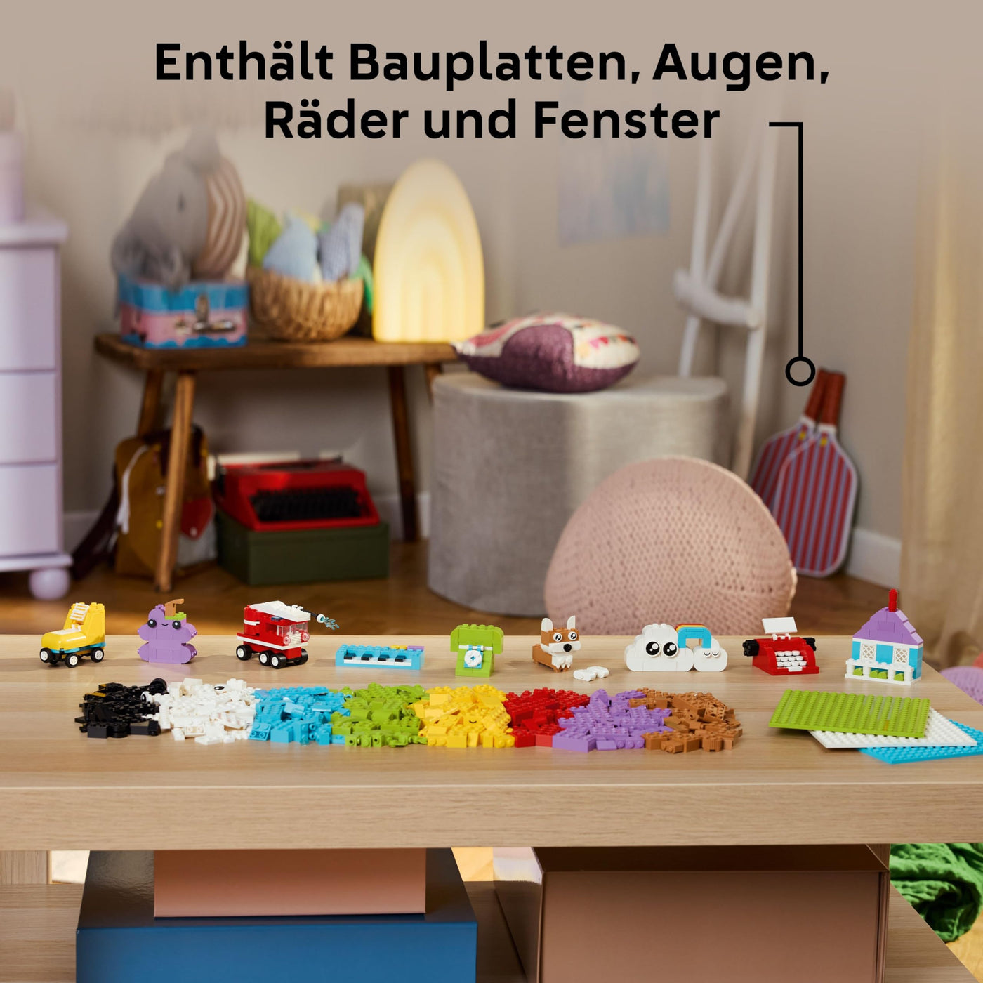 LEGO Classic Kreativset zum Bauen und Spielen - Set mit bunten Bausteinen - Baue EIN Haus, Hund, Löschauto, Klaviertastatur und Regenbogen - Bastelset für Jungen & Mädchen ab 5 Jahren 11044