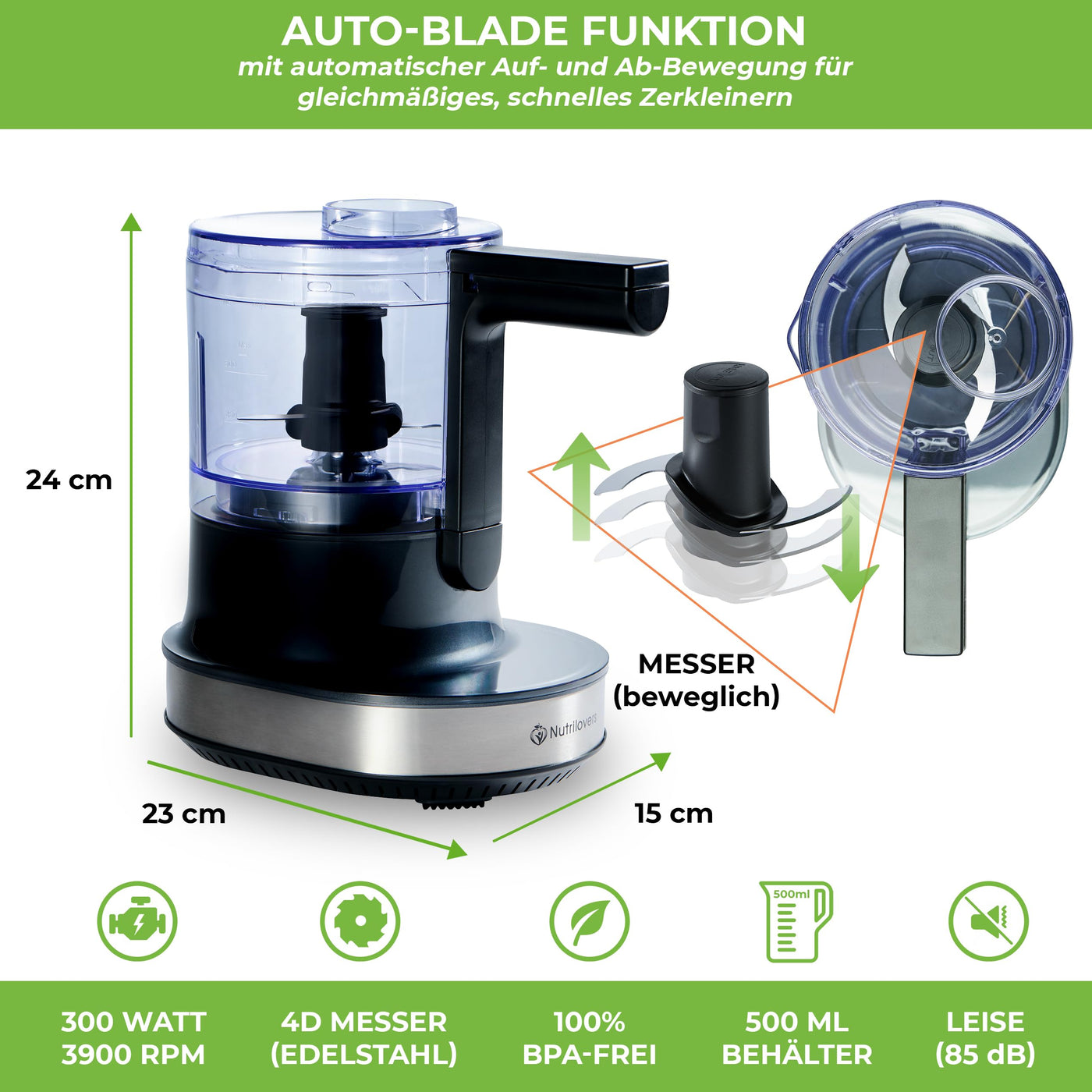 NUTRI-CHOPPER 4D Zerkleinerer Küche elektrisch mit AUTO-BLADE Funktion – BPA-frei – Deutsche Marke – Food Processor Universalzerkleiner Multizerkleinerer Zwiebel Fleisch Nüsse Pesto