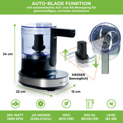 NUTRI-CHOPPER 4D Zerkleinerer Küche elektrisch mit AUTO-BLADE Funktion – BPA-frei – Deutsche Marke – Food Processor Universalzerkleiner Multizerkleinerer Zwiebel Fleisch Nüsse Pesto
