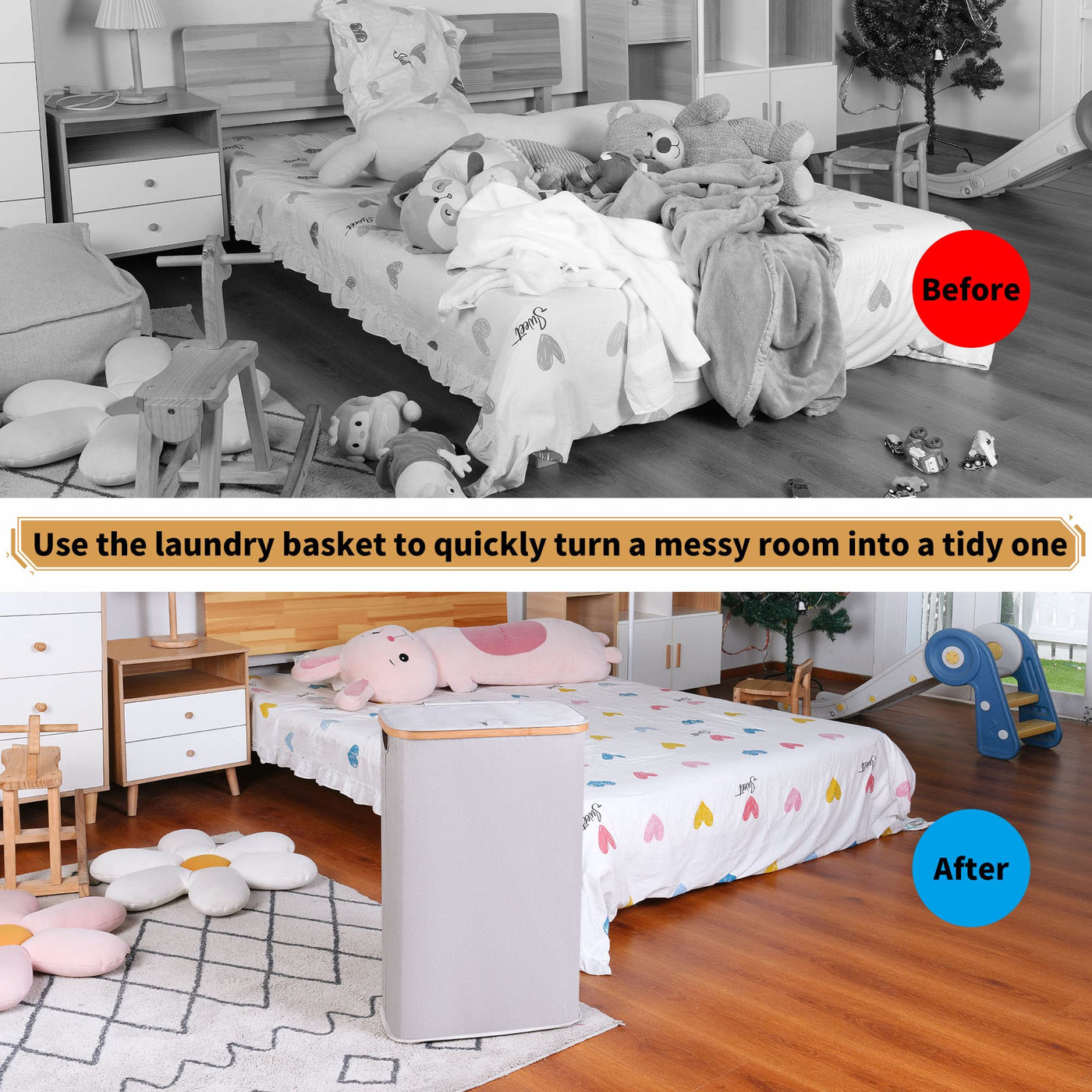 iEGrow Wäschekorb 60l, Wäschesammler Schmal mit Herausnehmbarer und Waschbarer Innentasche, Laundry Baskets mit Griffen für Kleidung, Spielzeug, Handtücher （hellgrau）