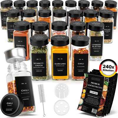 EDELHAUS Gewürzgläser Eckig Set mit Edelstahl Deckel Schwarz (24 x 120ml) Gewürzstreuer mit Streueinsatz und 240 Etiketten - Hochwertige Gewürzbehälter, Gewürzdosen, Gewürze organizer [10,7cm x 4,5cm]
