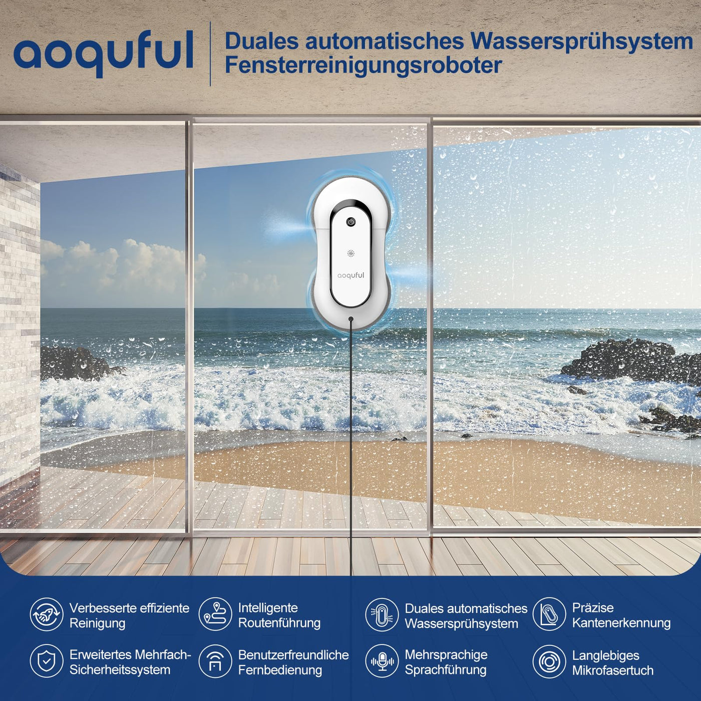 AOQUFUL intelligenter Fensterputzroboter, elektrischer Fensterputzer mit Dual-Wasserspray, automatischer Fensterroboter mit Fernbedienung und App, für Innen- und Außenfenster und Glas,12 Tücher, weiß