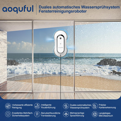 AOQUFUL intelligenter Fensterputzroboter, elektrischer Fensterputzer mit Dual-Wasserspray, automatischer Fensterroboter mit Fernbedienung und App, für Innen- und Außenfenster und Glas,12 Tücher, weiß