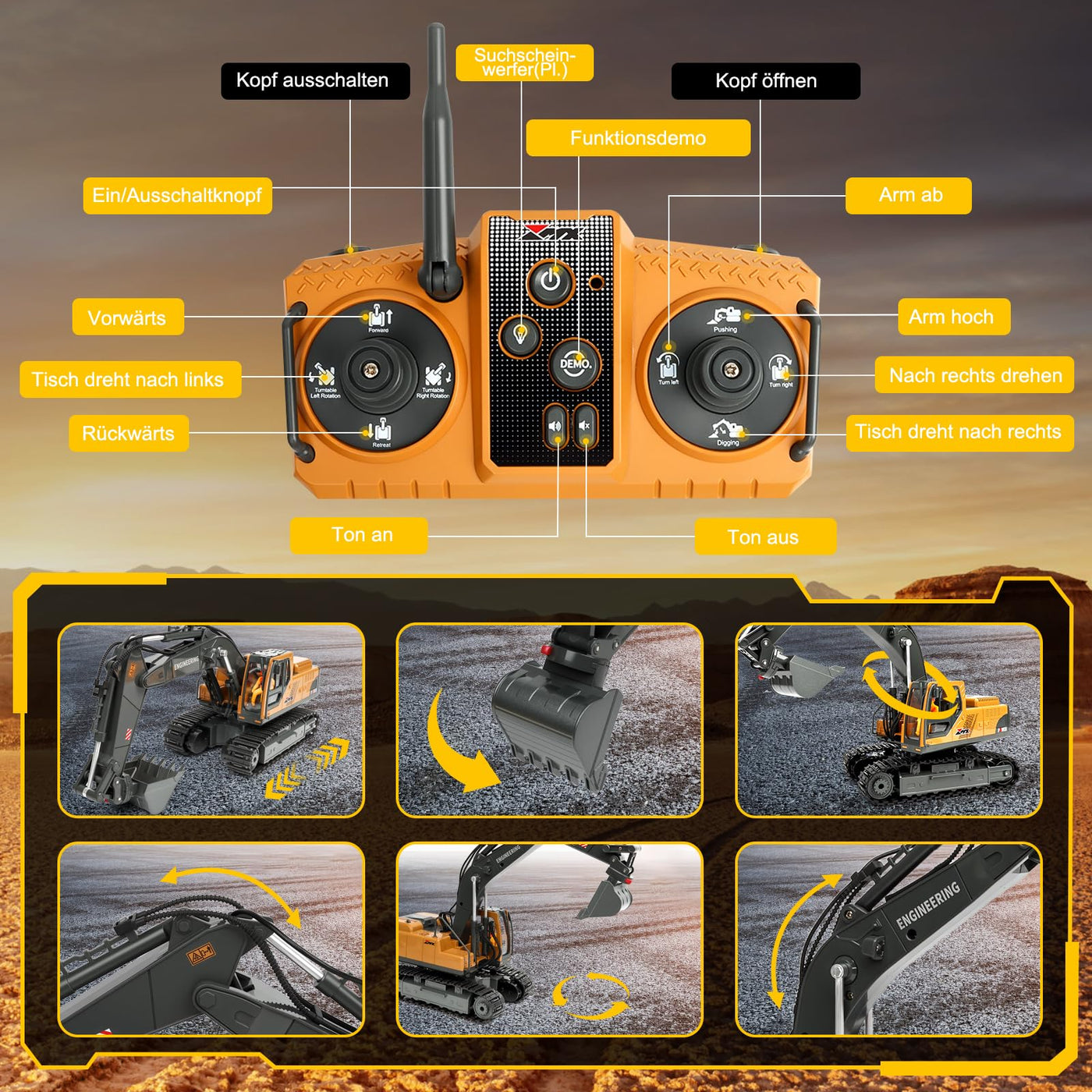 Charmofun 3-in-1 Ferngesteuerter Bagger, 2,4GHz RC Bagger Spielzeug mit DREI Metallköpfen, 680° Drehbarer Radlader mit Lichtern & Musik, Geschenk Ab 3-12 Jahre