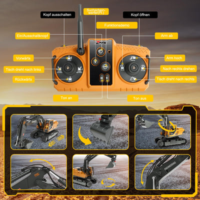 Charmofun 3-in-1 Ferngesteuerter Bagger, 2,4GHz RC Bagger Spielzeug mit DREI Metallköpfen, 680° Drehbarer Radlader mit Lichtern & Musik, Geschenk Ab 3-12 Jahre