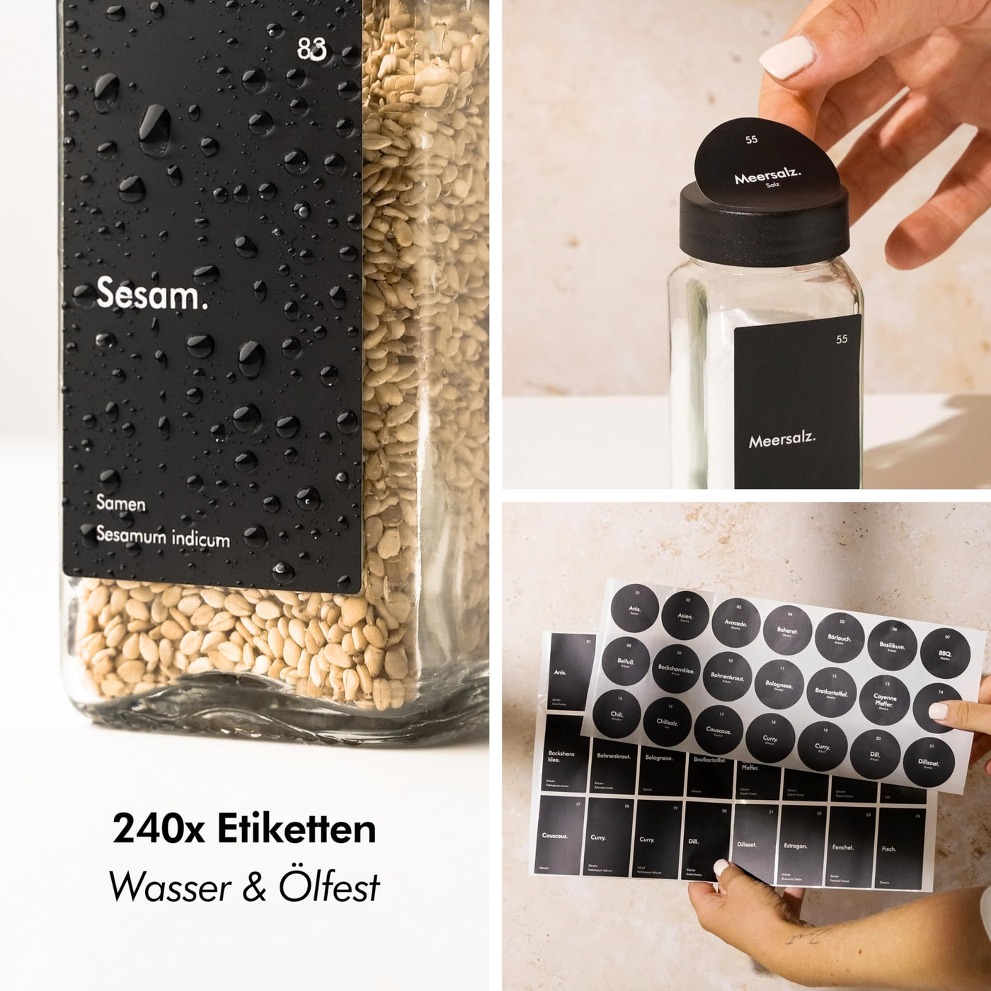 KIVY Gewürzgläser mit Streueinsatz [24x 120ml] + 240 Wasserfeste Label - Luftdichte Gewürzgläser Schwarz - Gewürzstreuer Glas Sticker - Gewürzgläser schwarzer Deckel - Gewürzdosen Schwarz