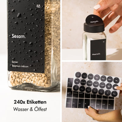 KIVY Gewürzgläser mit Streueinsatz [24x 120ml] + 240 Wasserfeste Label - Luftdichte Gewürzgläser Schwarz - Gewürzstreuer Glas Sticker - Gewürzgläser schwarzer Deckel - Gewürzdosen Schwarz