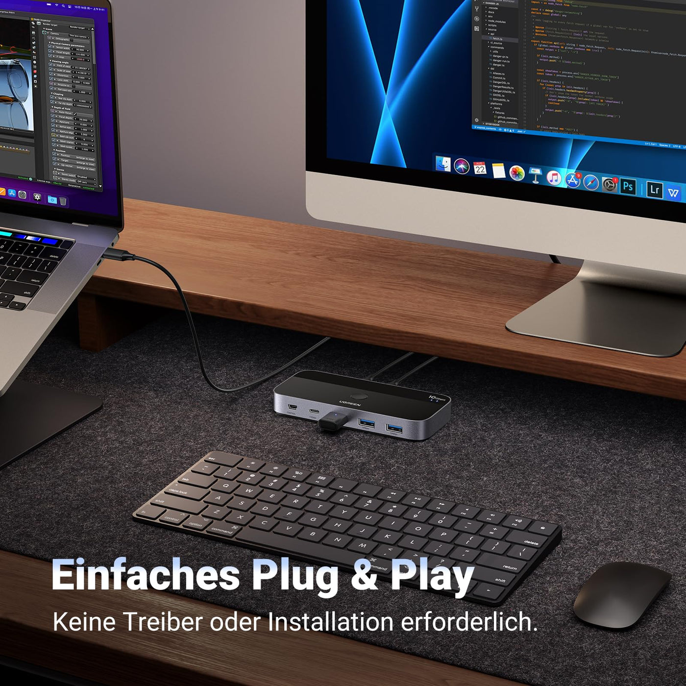 UGREEN USB C Switch 2PC 10Gbps USB Switch 3.2 2 In 4 Out mit Desktop Kontroller USB Umschalter Aluminiumgehäuse mit 2USB C auf C Kabeln für Tastatur, Maus, Drucker, USB Stick usw.