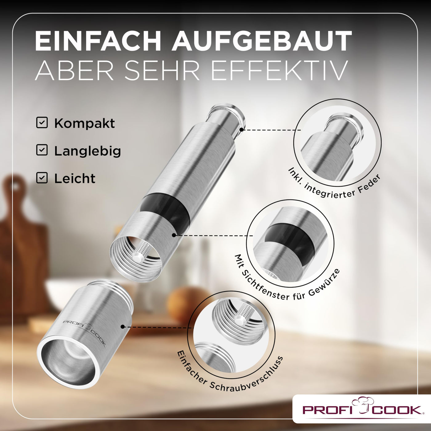 ProfiCook® Salz und Pfefferstreuer | Pfeffermühle | Salz und Pfeffermühle | 2er Set | Salzstreuer Edelstahl | robustes Mahlwerk | Einhandbedienung | 100% mechanisch | Gewürzmühle PC PSM 1160