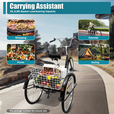 chennnls 26 Zoll 8-Gang Dreirad für Erwachsene, Dreiradfahrrad mit großem Korb, Verstellbarer Sitz Cruiser Trike Rennrad für Männer, Frauen, ältere Menschen(Schwarz Weiß)