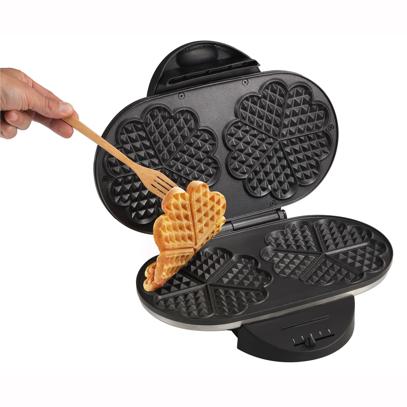 Tefal Doppel-Herzwaffeleisen WM311D, Stufenloser Temperaturregler für Bräunung nach Wunsch, Antihaftbeschichtete Platten, Teigauffang-Vorrichtung, 1200W,‎ 37 x 11.4 x 28.5 cm