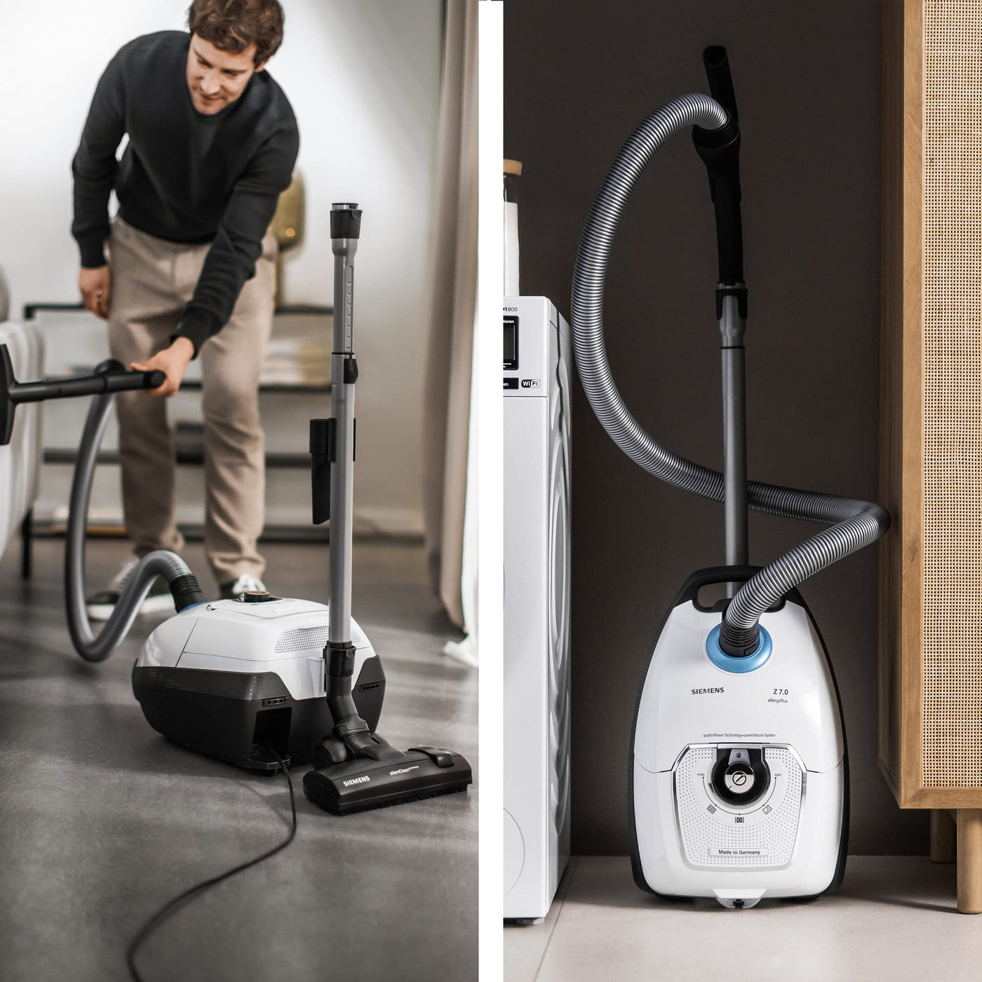 Siemens Staubsauger mit Beutel Z 7.0 VSZ7442S, ideal für Allergiker, Hygiene-Filter Plus, extrem leise, Bodendüse für Parkett, Teppich, Fliesen, langes Kabel, XXL-Polsterdüse, Fugendüse, 650 W, weiß
