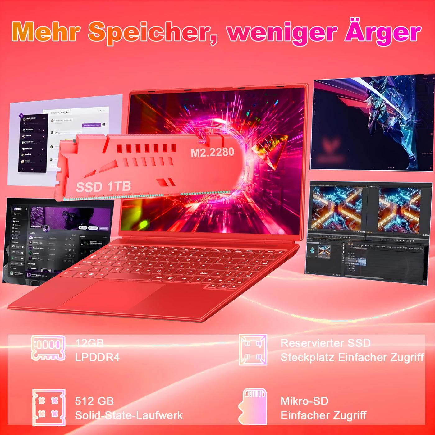 2025 Gaming Laptop 16 Zoll Win11 12+512GB SSD Unterstützung 2TB(HDD-2TB) 1920x1200 Notebook 4-Core Celeron N5095 (bis 2.9GHz) Laptop mit Nummerntastatur WiFi Mini HDMI Deutscher Tastaturschutz-Rot